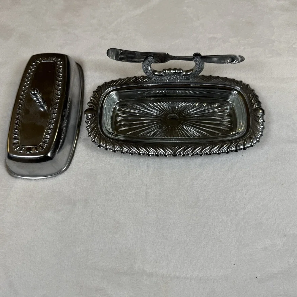 Vintage Irvinware USA Chrome Butter Dish Glass Insert Lid Knife Spreader